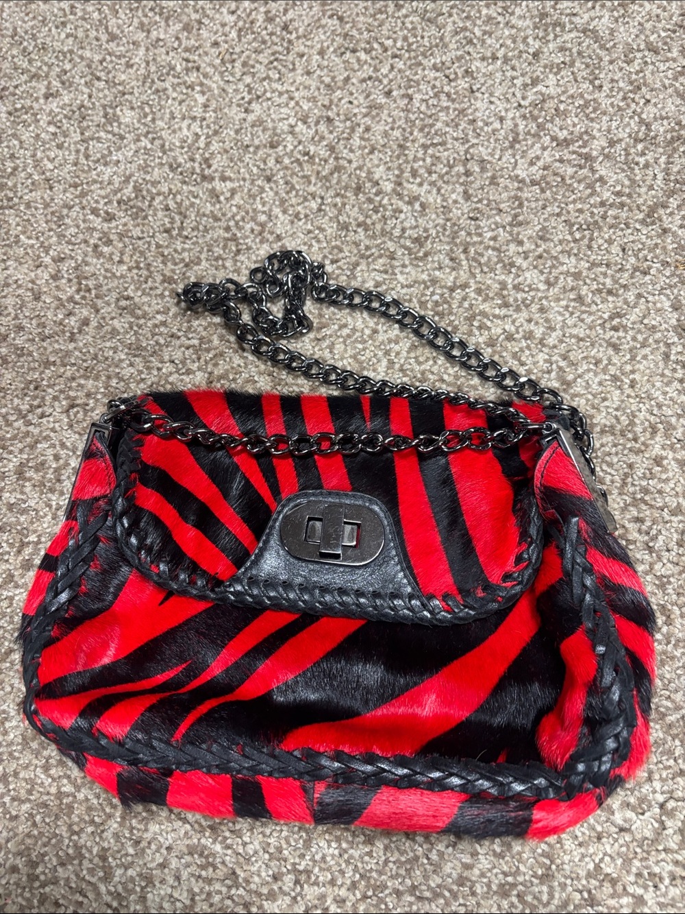 Badgley Mischka Red and Black Zebra animal hair Chain Shoulder Bag - vintage